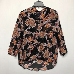 Liz Claiborne Women 3/4 Sleeve Floral Blouse Top Shirt Size Large Black B263 -10